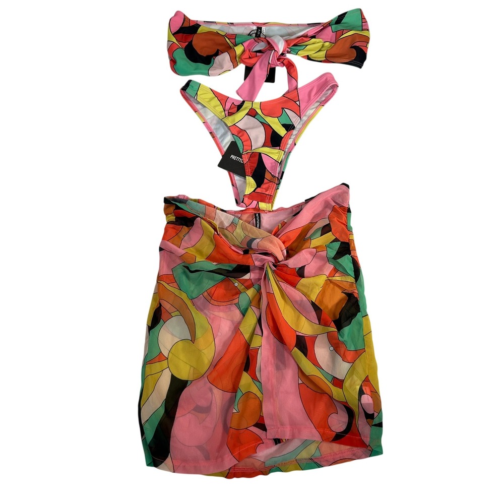 PrettyLittleThing Multi Abstract Cross Front Bikini Set & Sarong 3pc NWT Size 4